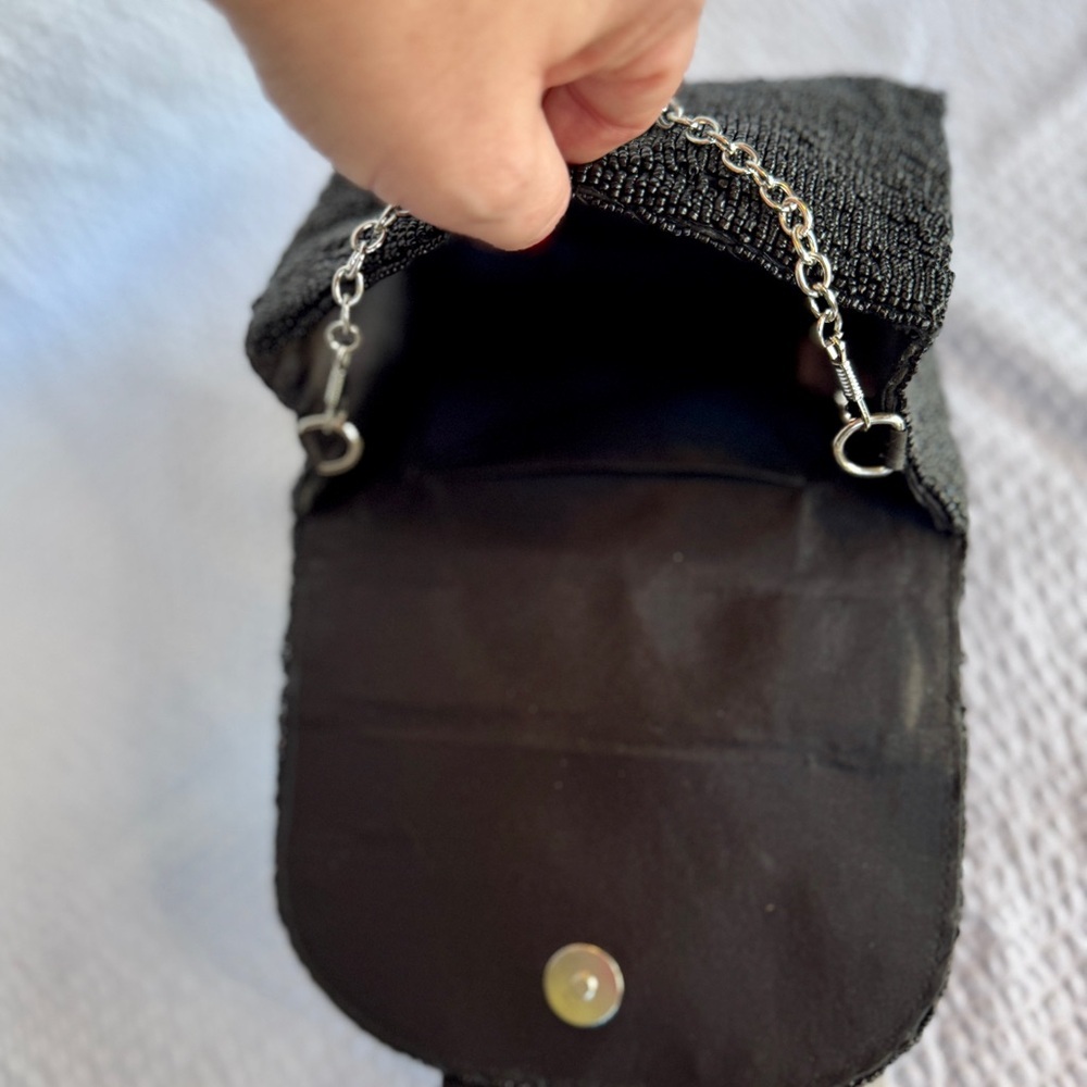 Black Beaded Mini Bow Top Handle Bag | Chain Strap | Evening Clutch | Rachel Zoe - Picture 6 of 9